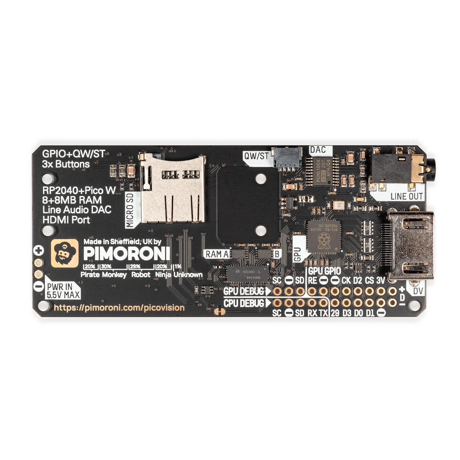 PicoVision vo Pimoroni blick auf die Rückseite des Bords, gut zusehen GPU und CPU, RP2040 und PicoW,sowie LineAudio und HDMI