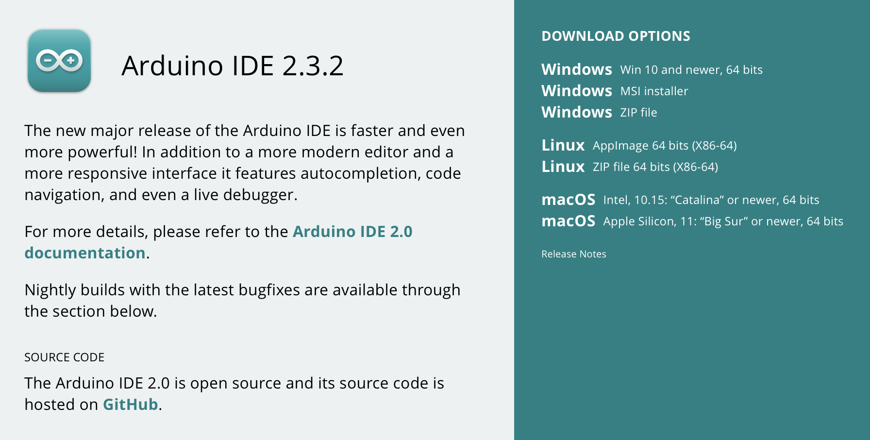 Arduino IDE Screenshot der Download Seite 